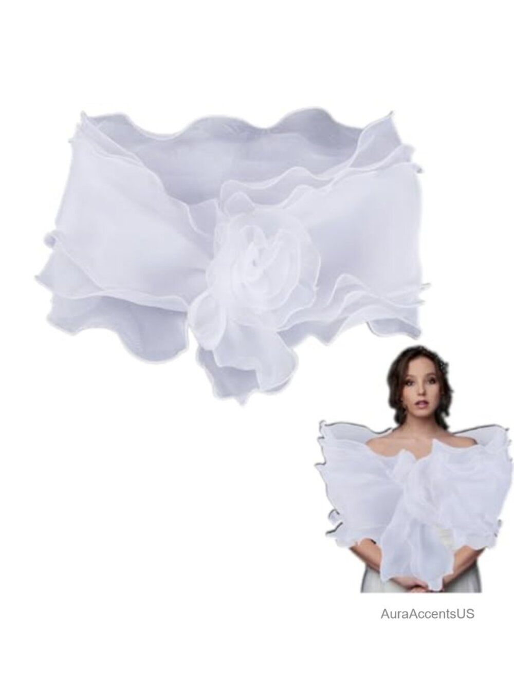 White Chiffon Shawl Wrap Ruffle Trim Sheer Silk Cape Pleated Floral Edge